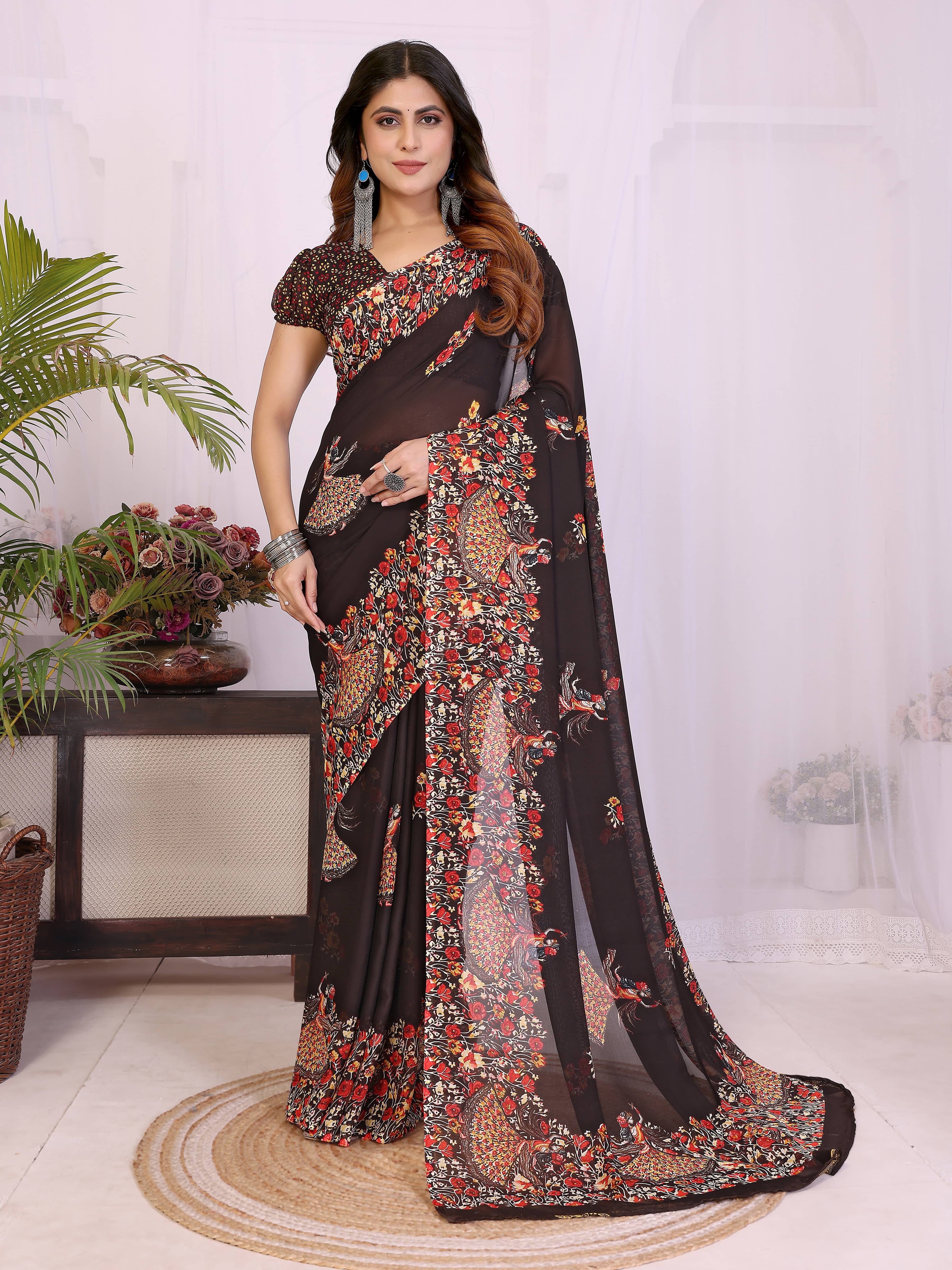 TTH Georgette Printed Regular Saree With Unstitched Blouse Piece ( Brown ) - Sarees | Buy online on ZillyBuy