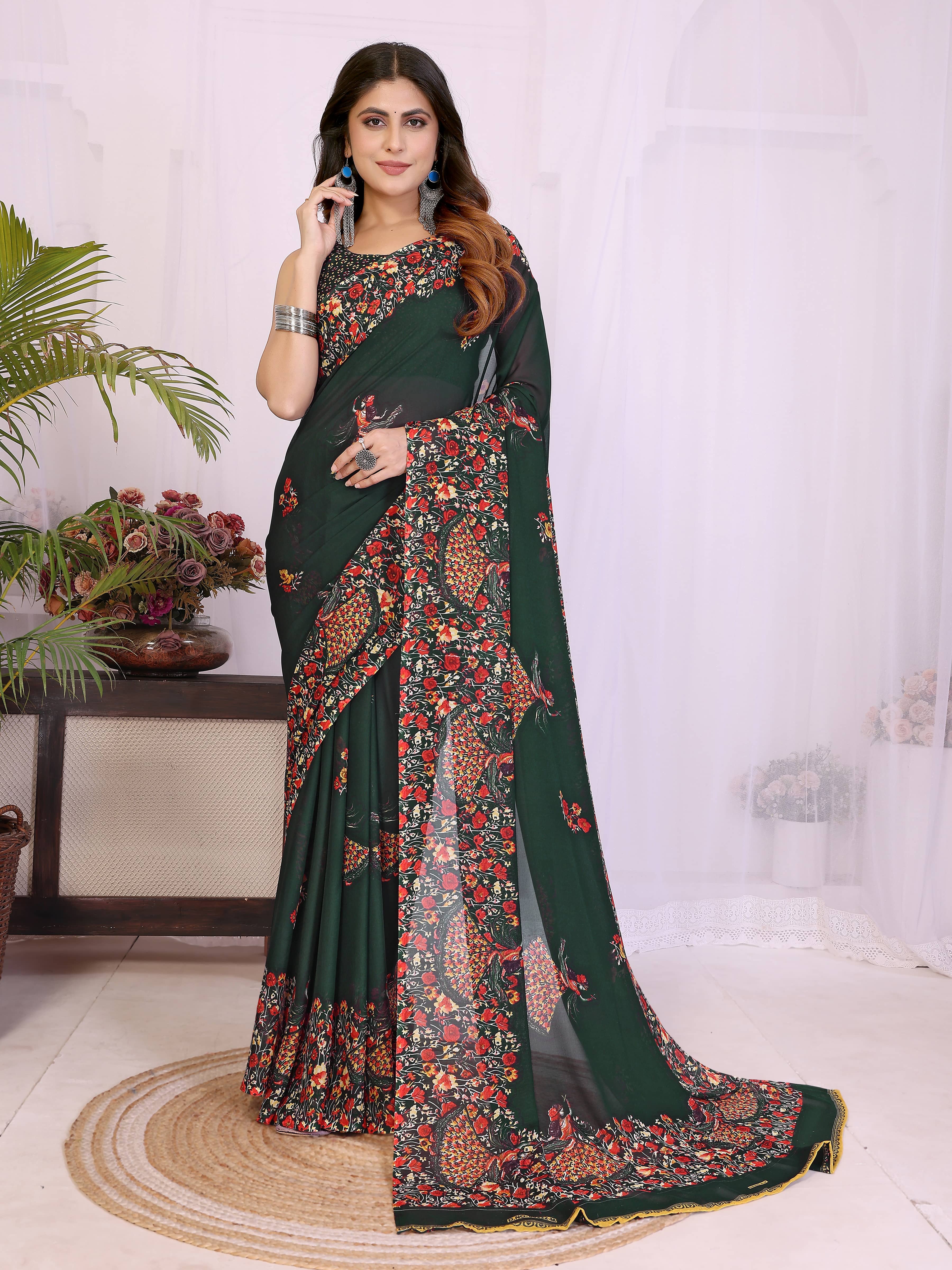 TTH Georgette Printed Regular Saree With Unstitched Blouse Piece ( Green ) - Sarees | Buy online on ZillyBuy
