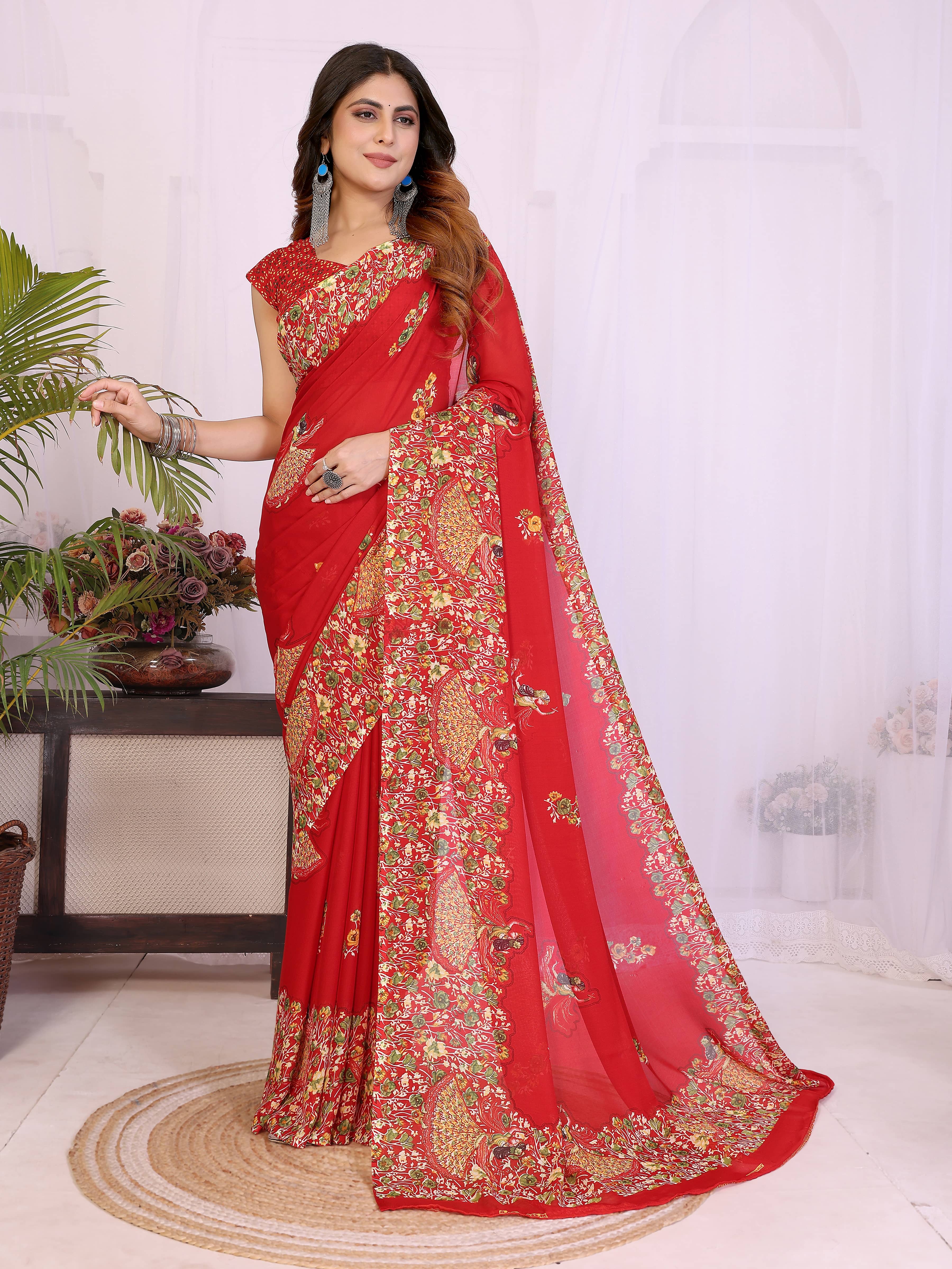 TTH Georgette Printed Regular Saree With Unstitched Blouse Piece ( Red ) - Sarees | Buy online on ZillyBuy