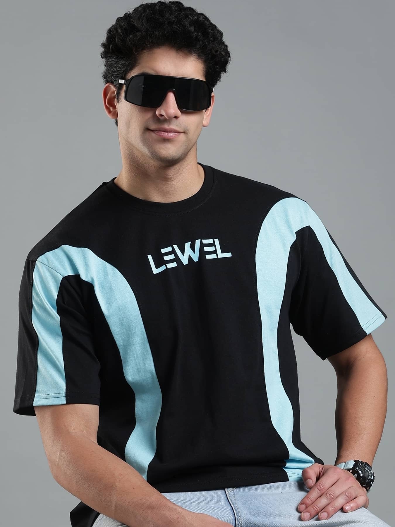 LEWEL Men Cotton Blend Oversized Fit Colorblock T-Shirt ( Aqua Blue )