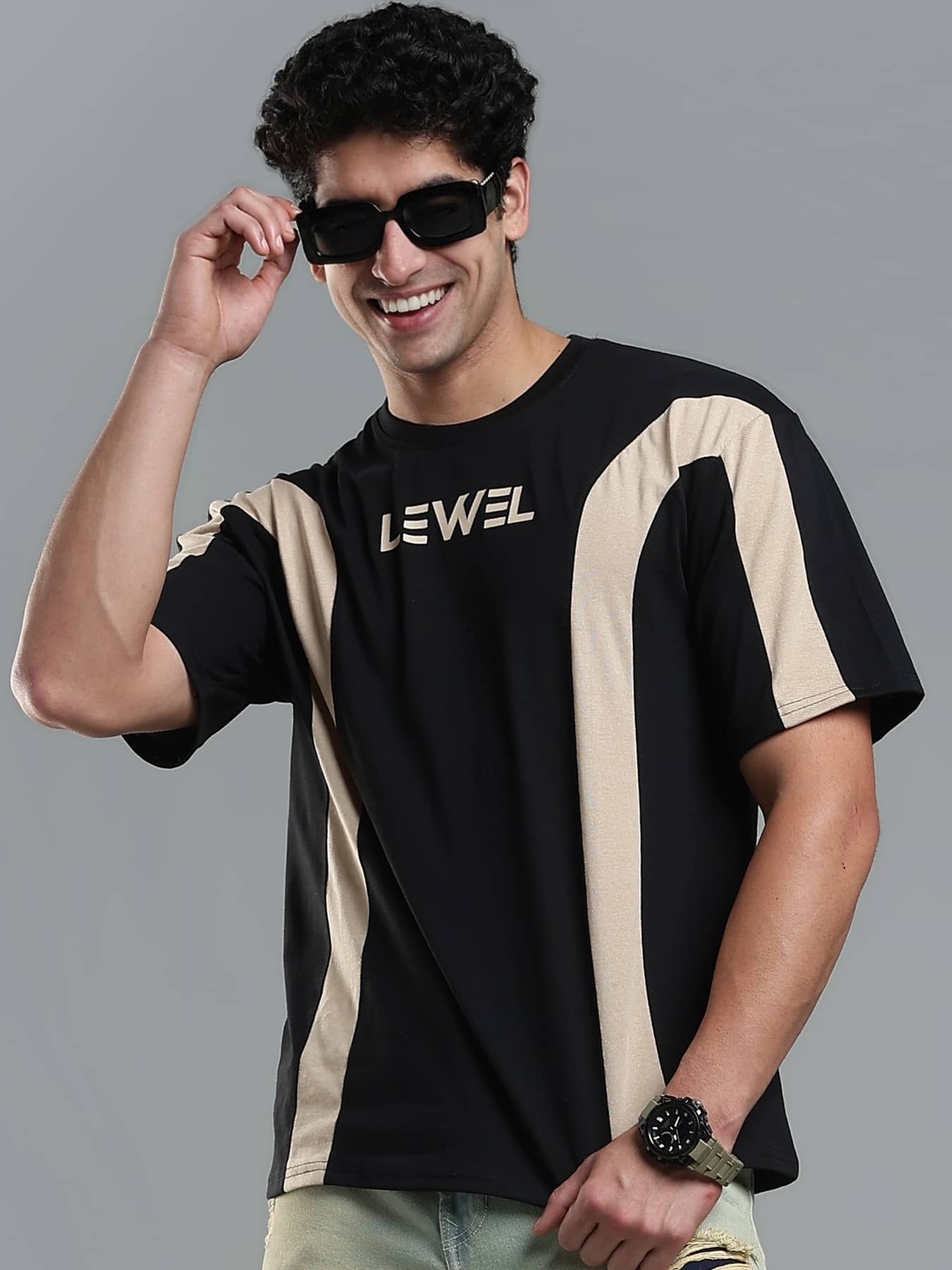LEWEL Men Cotton Blend Oversized Fit Colorblock T-Shirt ( Beige )