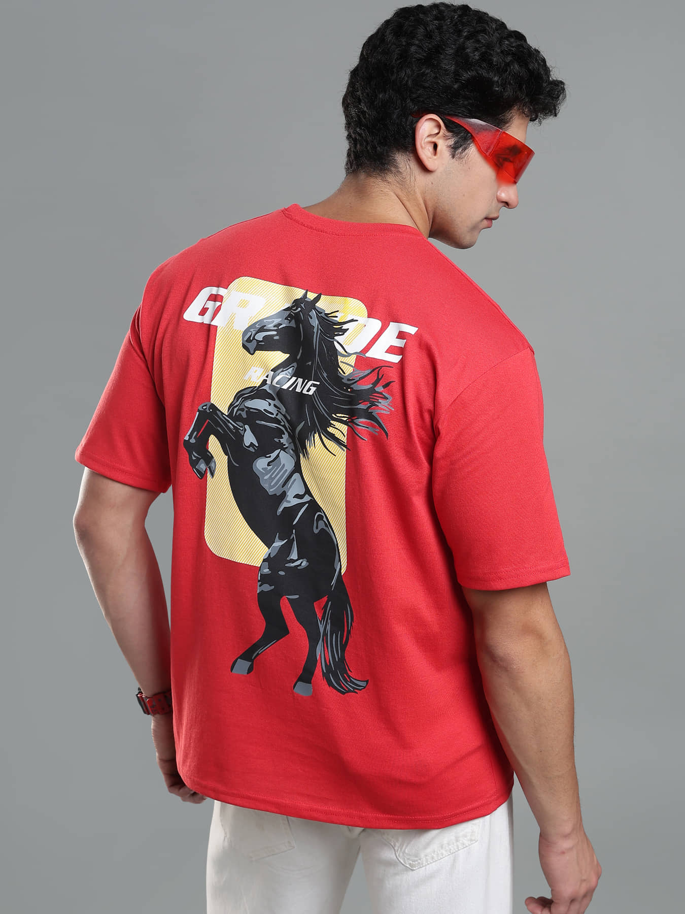 LEWEL Men Cotton Blend Oversized Fit Printed T-Shirt ( Red )