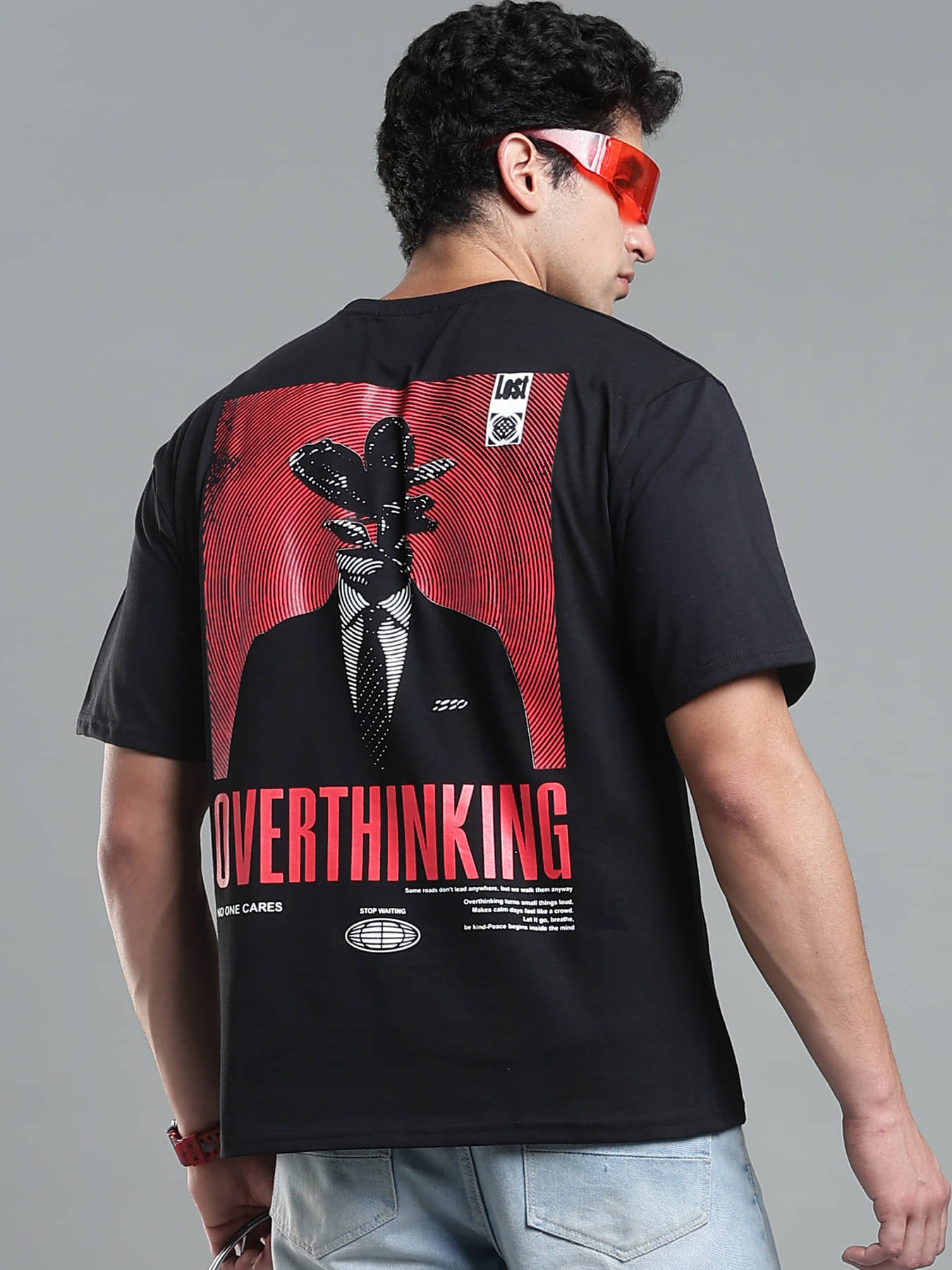 LEWEL Men Cotton Blend Oversized Fit Printed T-Shirt ( Black )