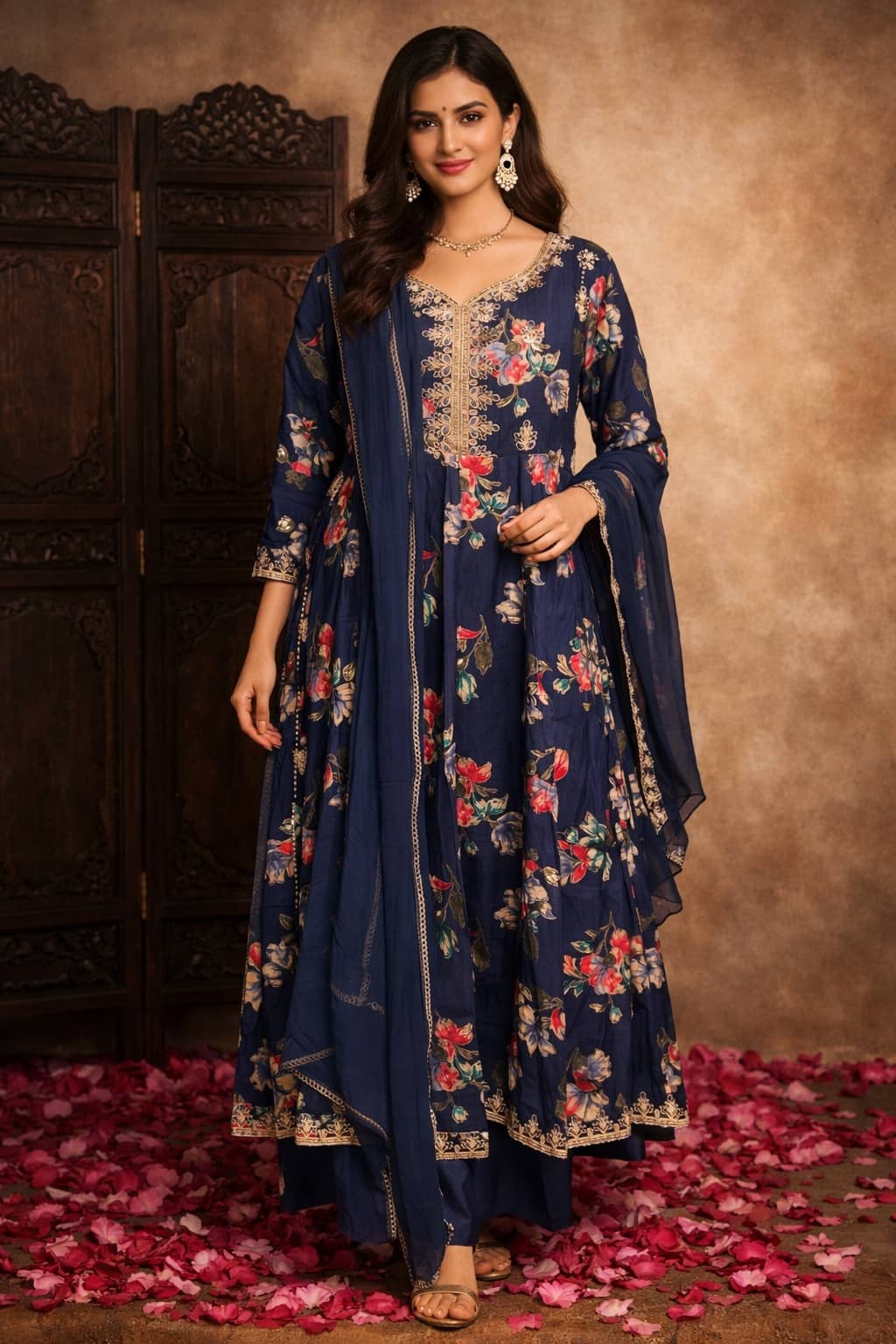 Aarika Women Cotton Blend Embroidered Flared Kurti With Pants ( Navy Blue )
