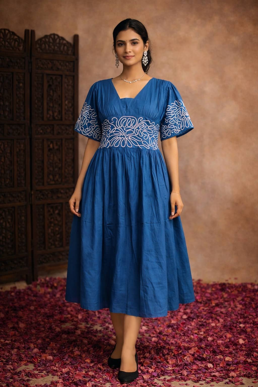 Aarika Women Cotton Embroidered Fit & Flare Dress ( Teal )