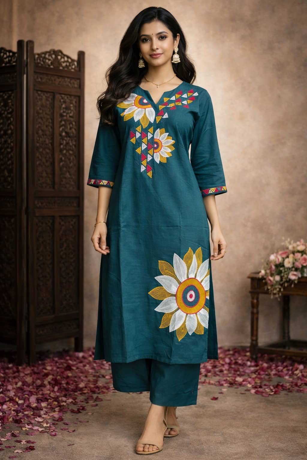 Aarika Women Cotton Embroidered Straight Kurti With Pants ( Teal )