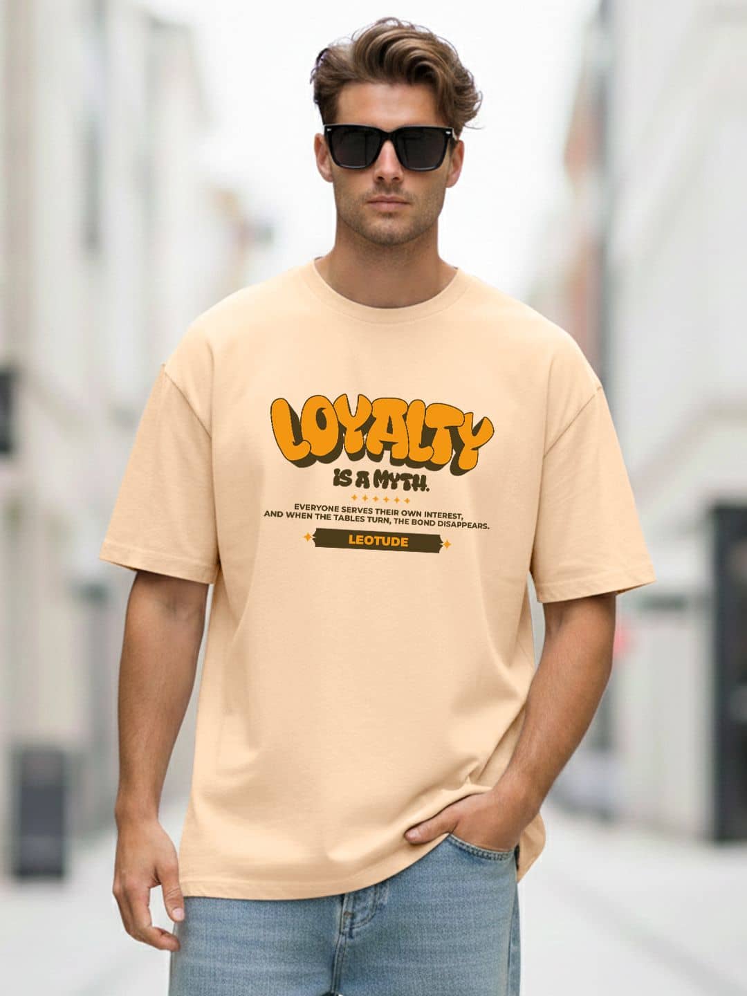Leotude Men Cotton Blend Oversized Fit Printed T-Shirt ( Beige )