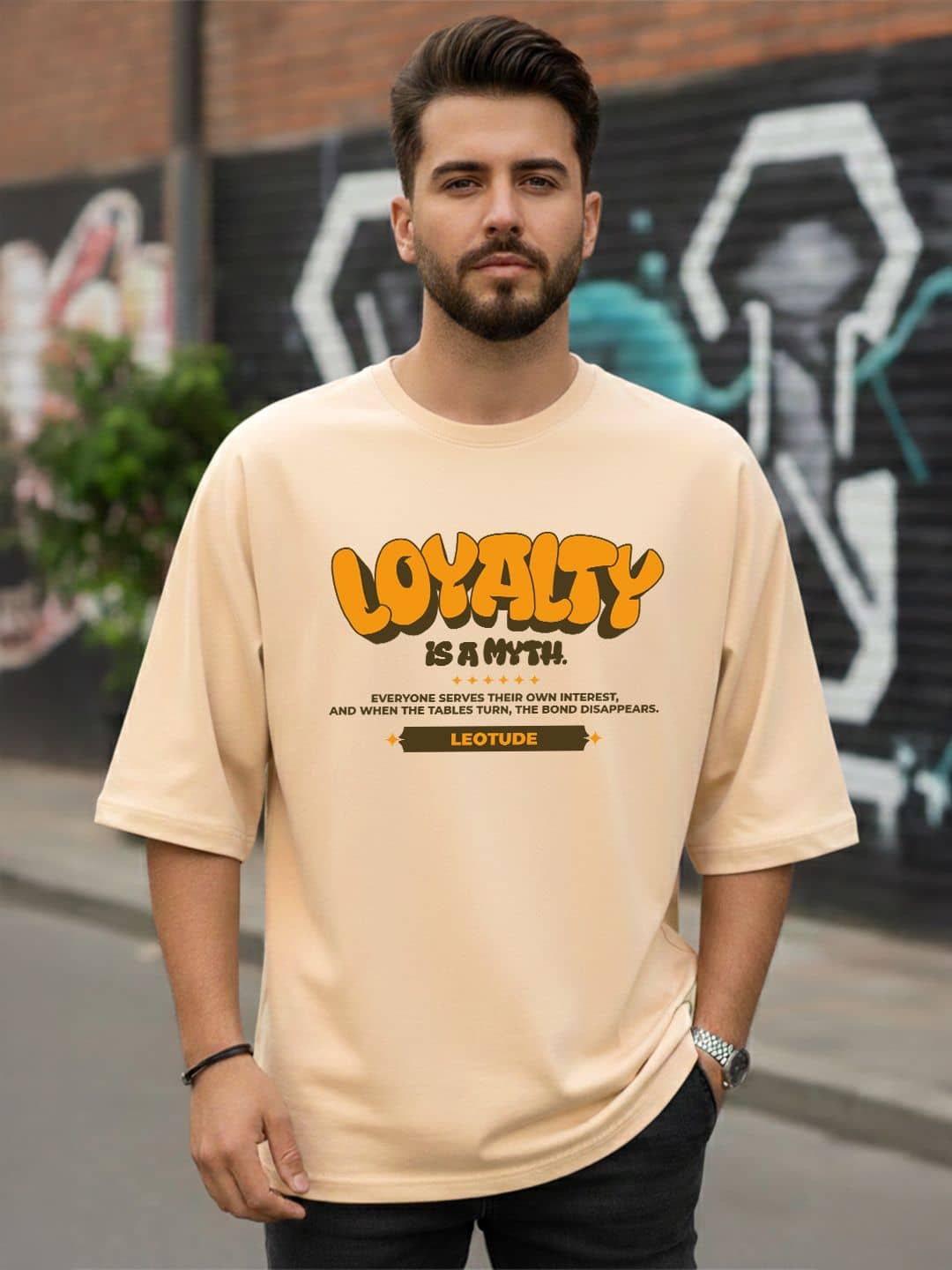 Leotude Men Cotton Blend Oversized Fit Printed T-Shirt ( Beige )