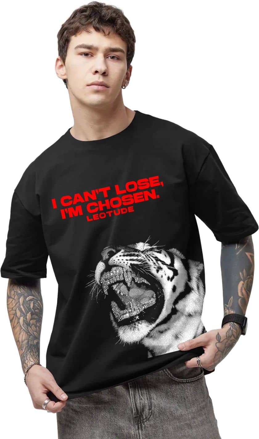 Leotude Men Cotton Blend Oversized Fit Printed T-Shirt ( Black )