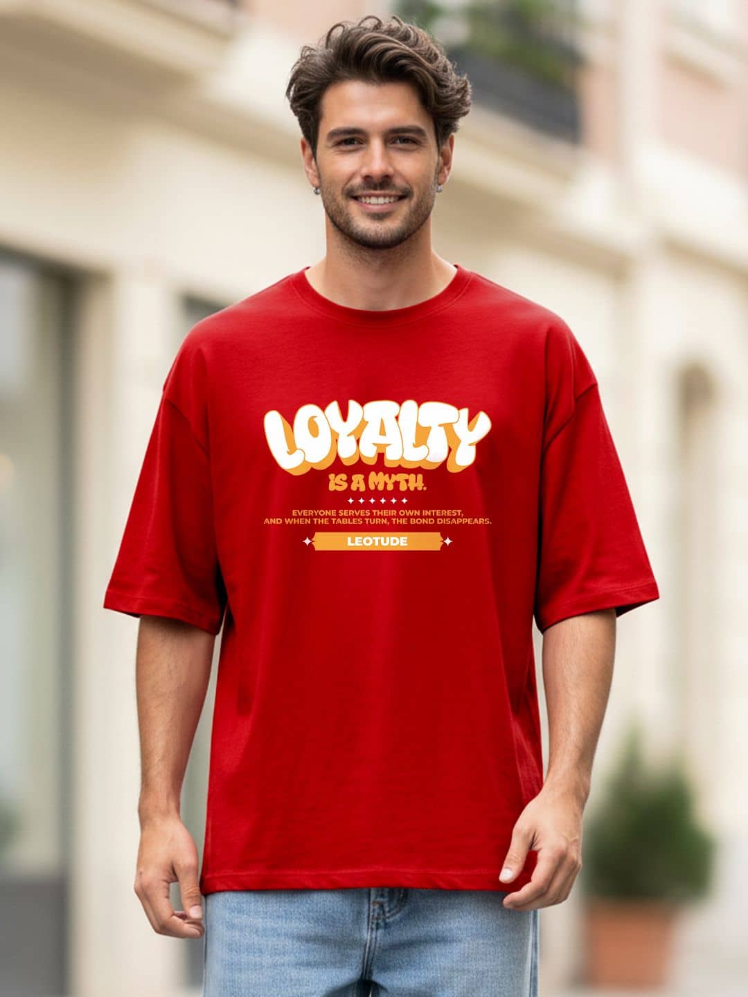 Leotude Men Cotton Blend Oversized Fit Printed T-Shirt ( Red )