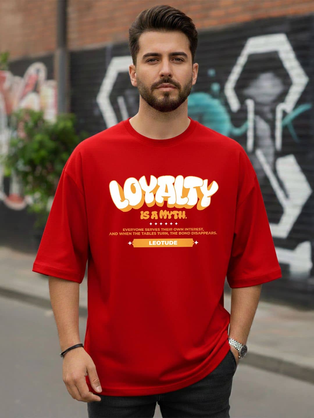 Leotude Men Cotton Blend Oversized Fit Printed T-Shirt ( Red )