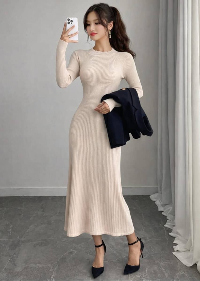 Traquila Women Cotton Blend Bodycon Dress ( Cream )