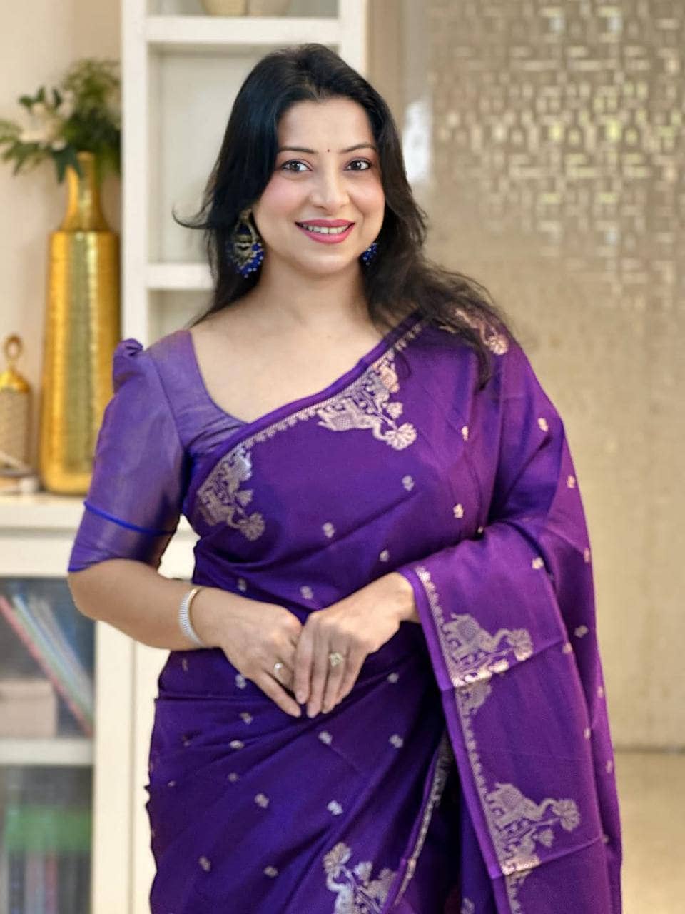fab woven Art Silk Woven Design Kanjeevaram Sarees With Unstitched Blouse Piece ( Purple ) - Sarees | Buy online on ZillyBuy