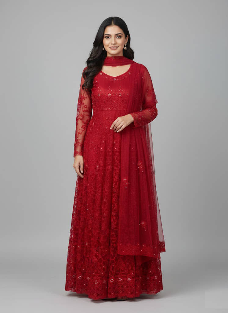 Aika Women's Net Semi Stitched Flared Ethnic Gown With Dupatta - Unstitched Fabrics | Buy online on ZillyBuy