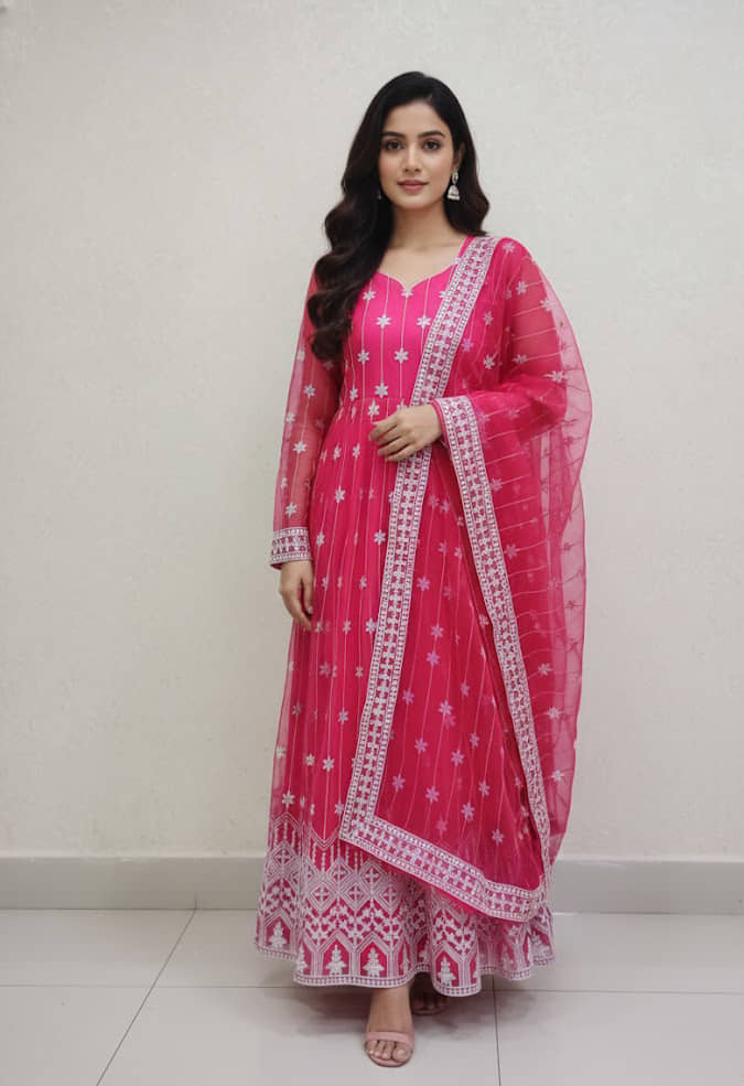 Apnisha Women's Net Semi Stitched Flared Ethnic Gown With Dupatta - Unstitched Fabrics | Buy online on ZillyBuy