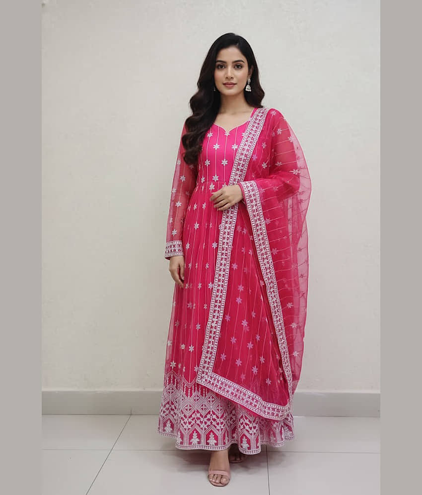 Apnisha Women's Net Semi Stitched Flared Ethnic Gown With Dupatta - Unstitched Fabrics | Buy online on ZillyBuy