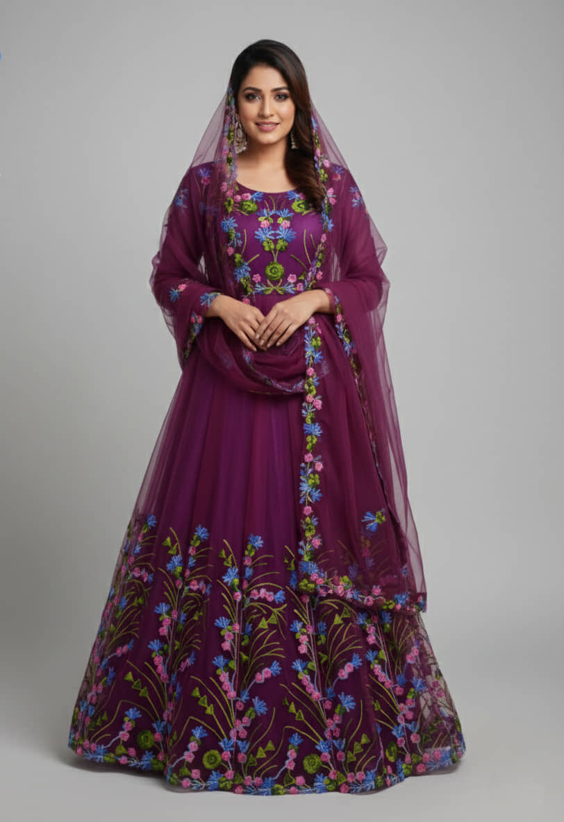 Apnisha Women's Net Semi Stitched Flared Ethnic Gown With Dupatta - Unstitched Fabrics | Buy online on ZillyBuy