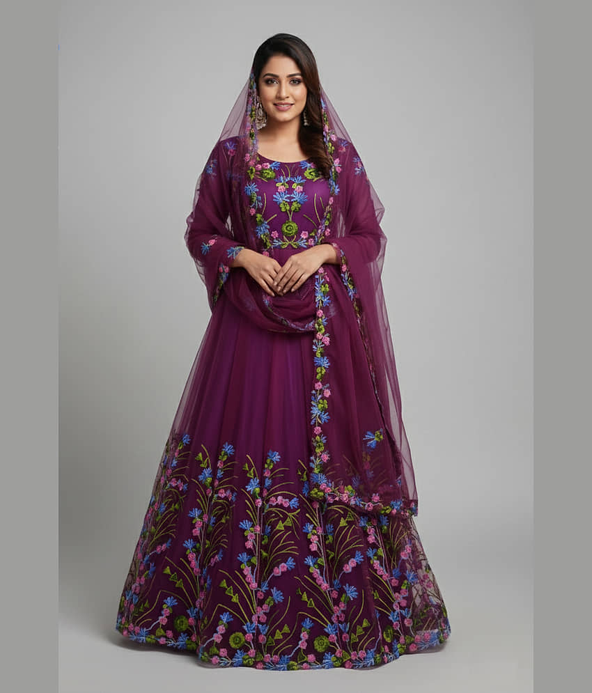 Apnisha Women's Net Semi Stitched Flared Ethnic Gown With Dupatta - Unstitched Fabrics | Buy online on ZillyBuy