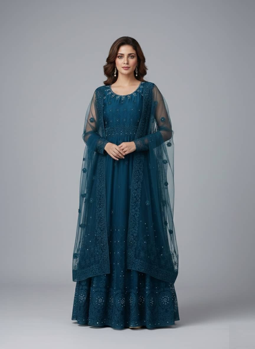 Apnisha Women's Net Semi Stitched Flared Ethnic Gown With Dupatta - Unstitched Fabrics | Buy online on ZillyBuy