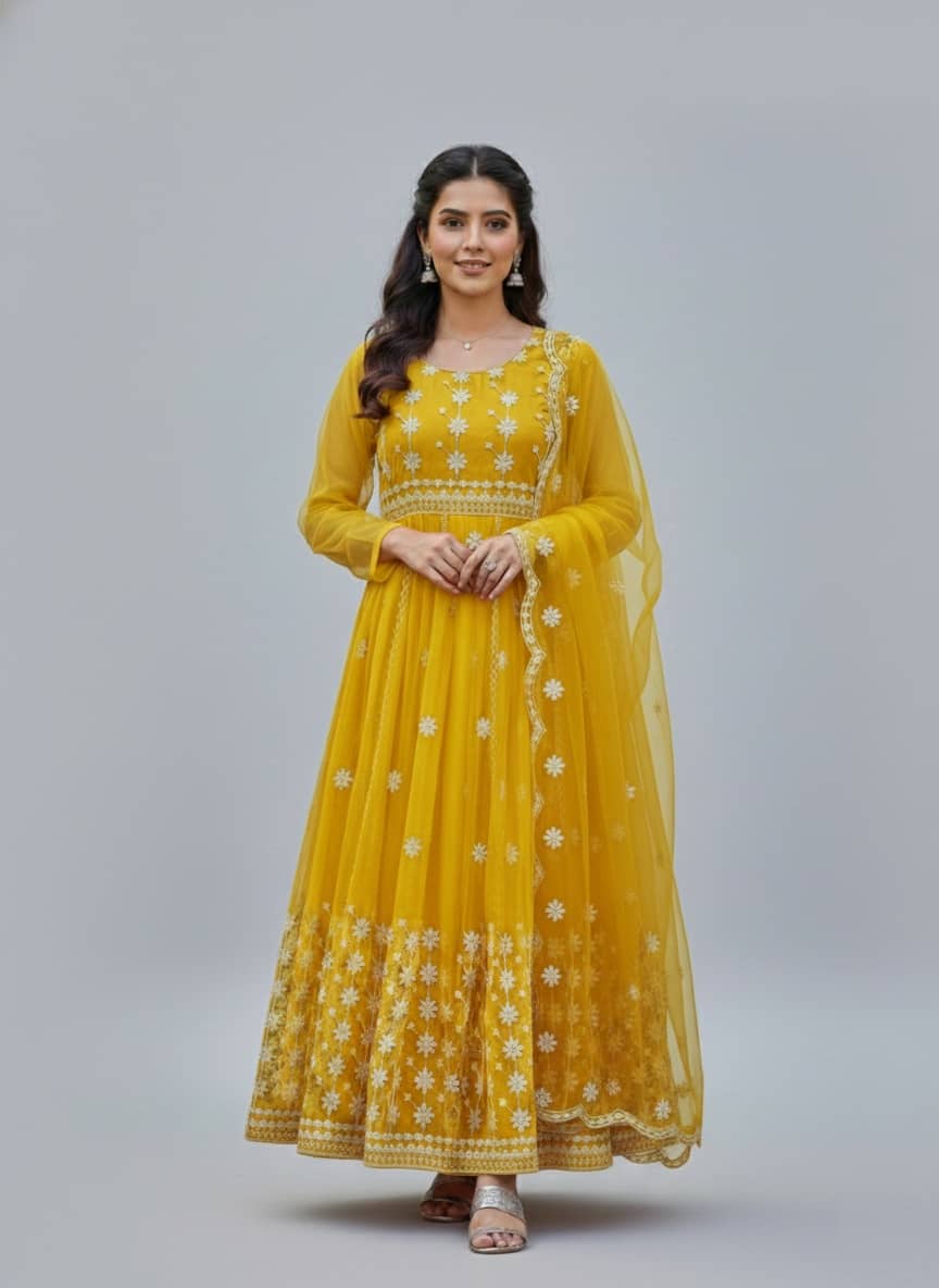 Apnisha Women's Net Semi Stitched Flared Ethnic Gown With Dupatta - Unstitched Fabrics | Buy online on ZillyBuy