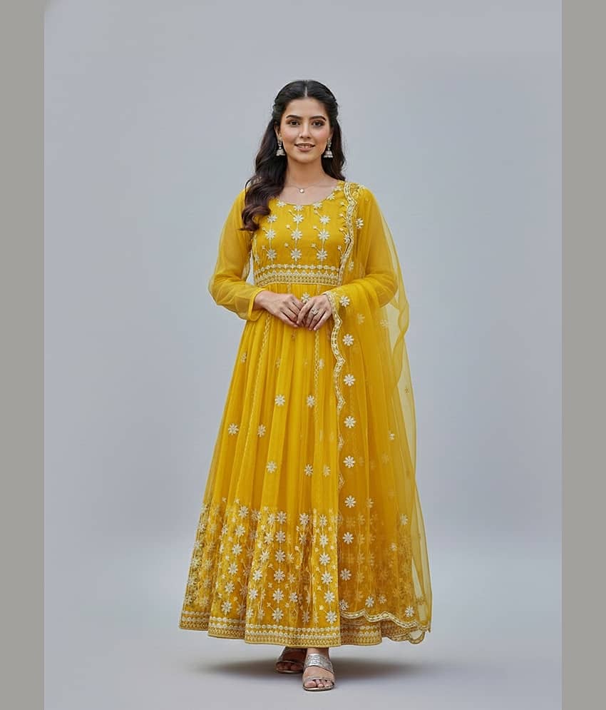 Apnisha Women's Net Semi Stitched Flared Ethnic Gown With Dupatta - Unstitched Fabrics | Buy online on ZillyBuy