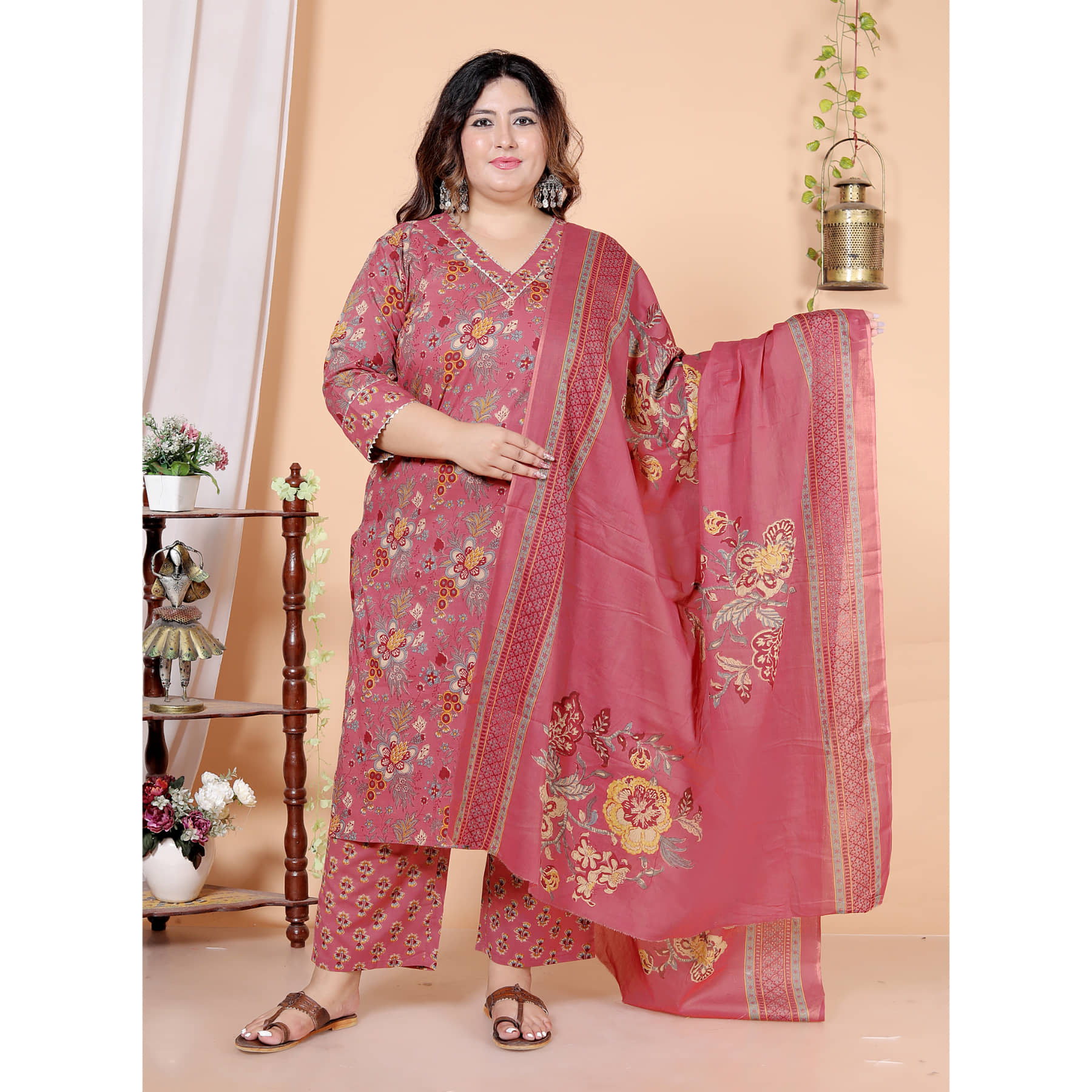 Avnii Women Cotton Printed Straight Kurti With Pants ( Pink )