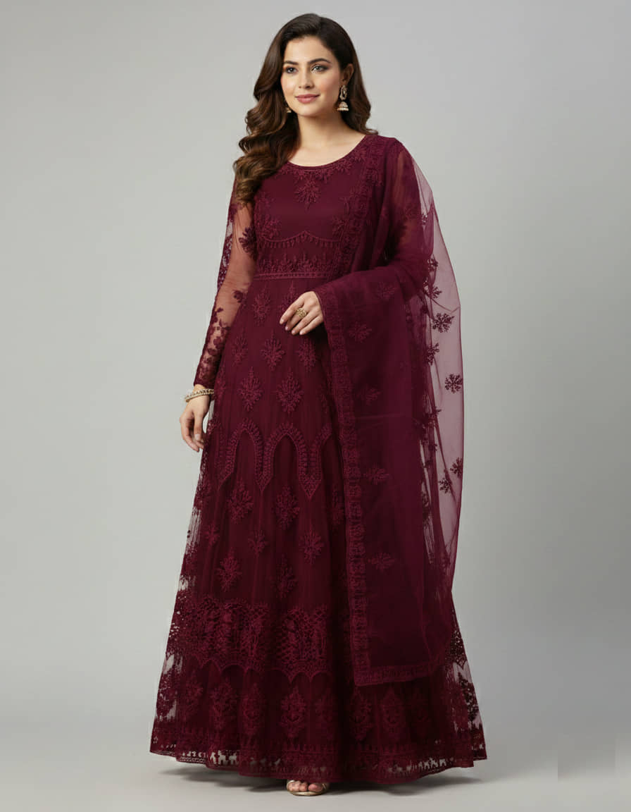 JULEE Women's Net Semi Stitched Flared Ethnic Gown With Dupatta - Unstitched Fabrics | Buy online on ZillyBuy