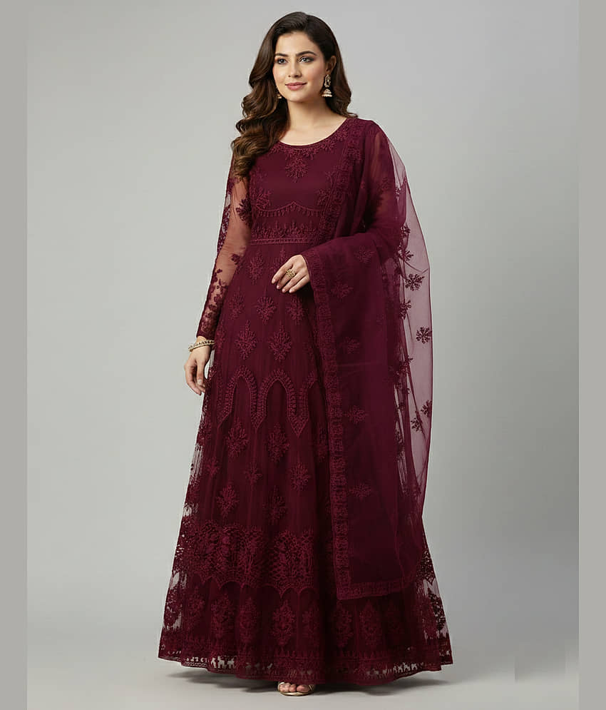 JULEE Women's Net Semi Stitched Flared Ethnic Gown With Dupatta - Unstitched Fabrics | Buy online on ZillyBuy