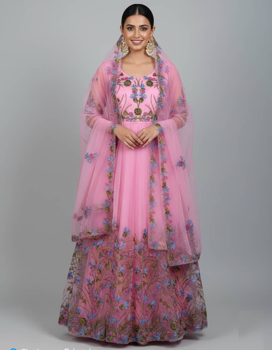 JULEE Women's Net Semi Stitched Flared Ethnic Gown With Dupatta - Unstitched Fabrics | Buy online on ZillyBuy