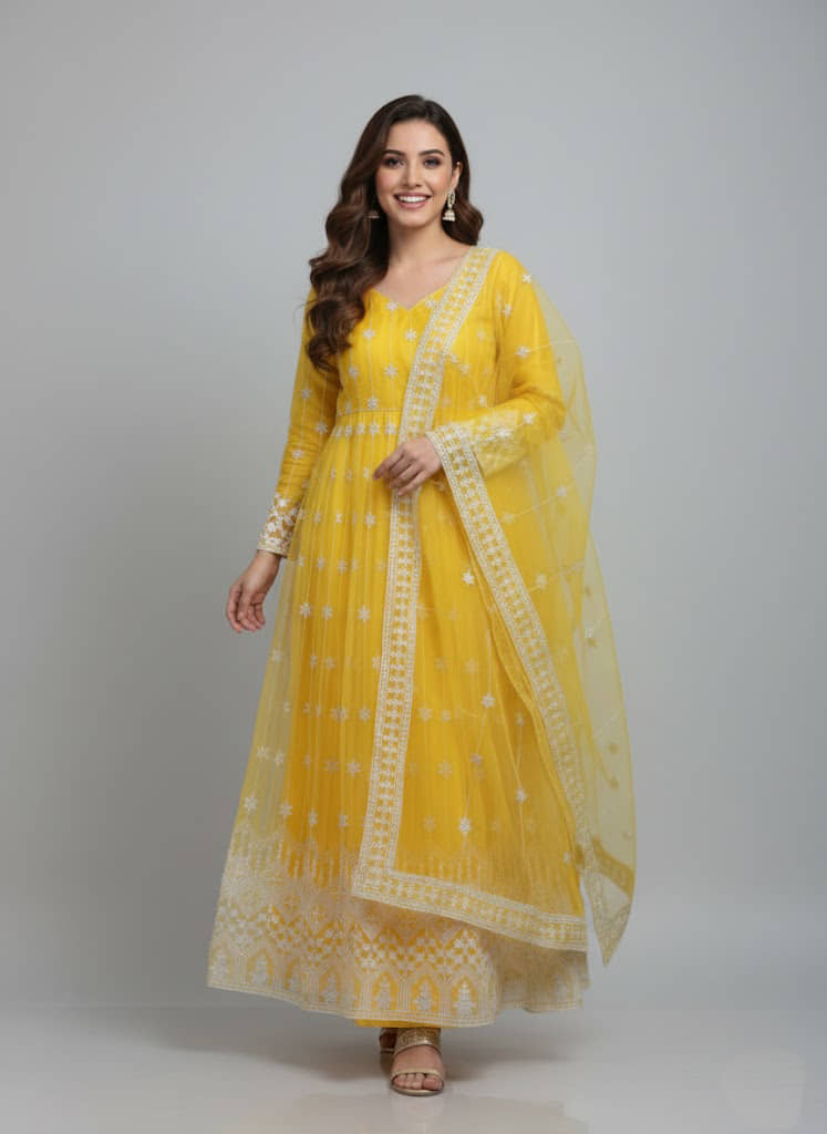 KV Fashion Women's Net Semi Stitched Flared Ethnic Gown With Dupatta - Unstitched Fabrics | Buy online on ZillyBuy