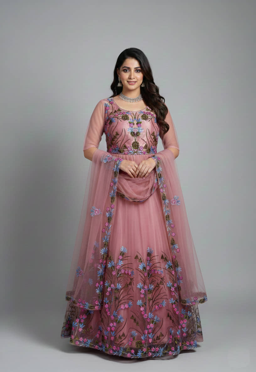 KV Fashion Women's Net Semi Stitched Flared Ethnic Gown With Dupatta - Unstitched Fabrics | Buy online on ZillyBuy