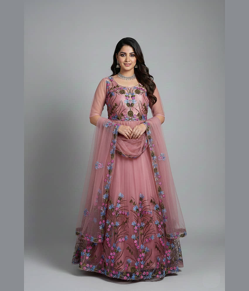 KV Fashion Women's Net Semi Stitched Flared Ethnic Gown With Dupatta - Unstitched Fabrics | Buy online on ZillyBuy