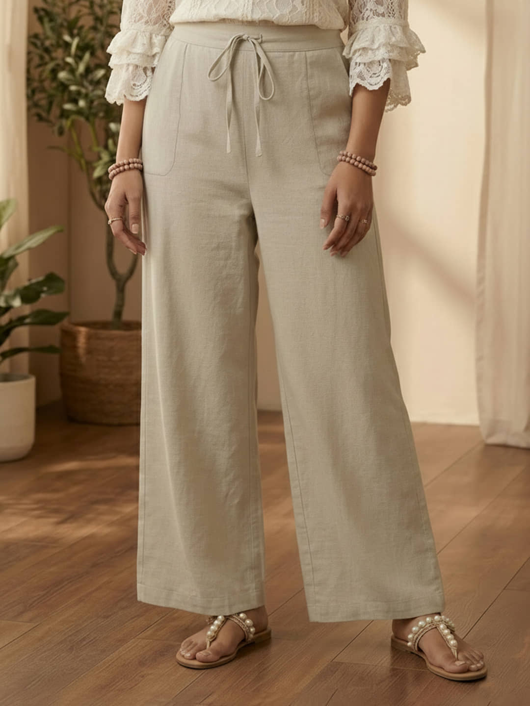 DE TRENDZ Women Cotton Wide Leg Trousers ( Beige ) - Trousers | Buy online on ZillyBuy