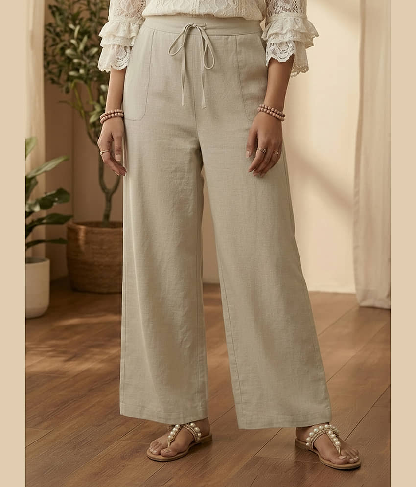 DE TRENDZ Women Cotton Wide Leg Trousers ( Beige ) - Trousers | Buy online on ZillyBuy