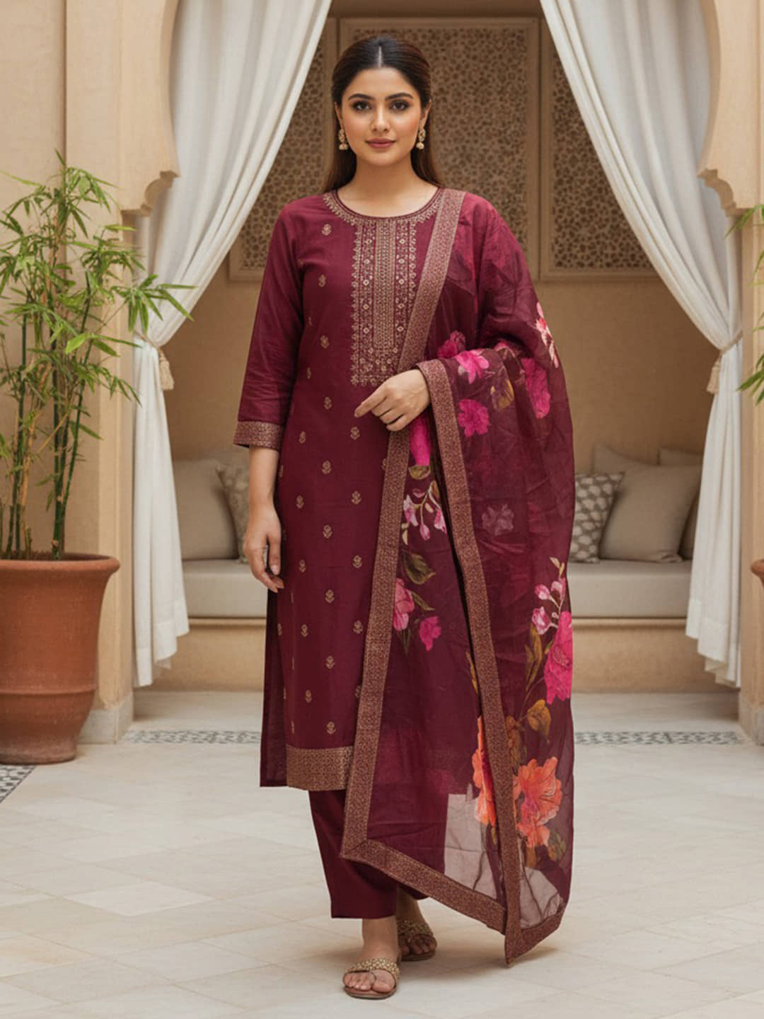 Vaamsi Women Silk Blend Printed Straight Kurti With Pants ( Maroon )