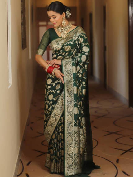 GARIYA Art Silk Embellished Banarasi saree With Unstitched Blouse Piece ( Green ) - Sarees | Buy online on ZillyBuy