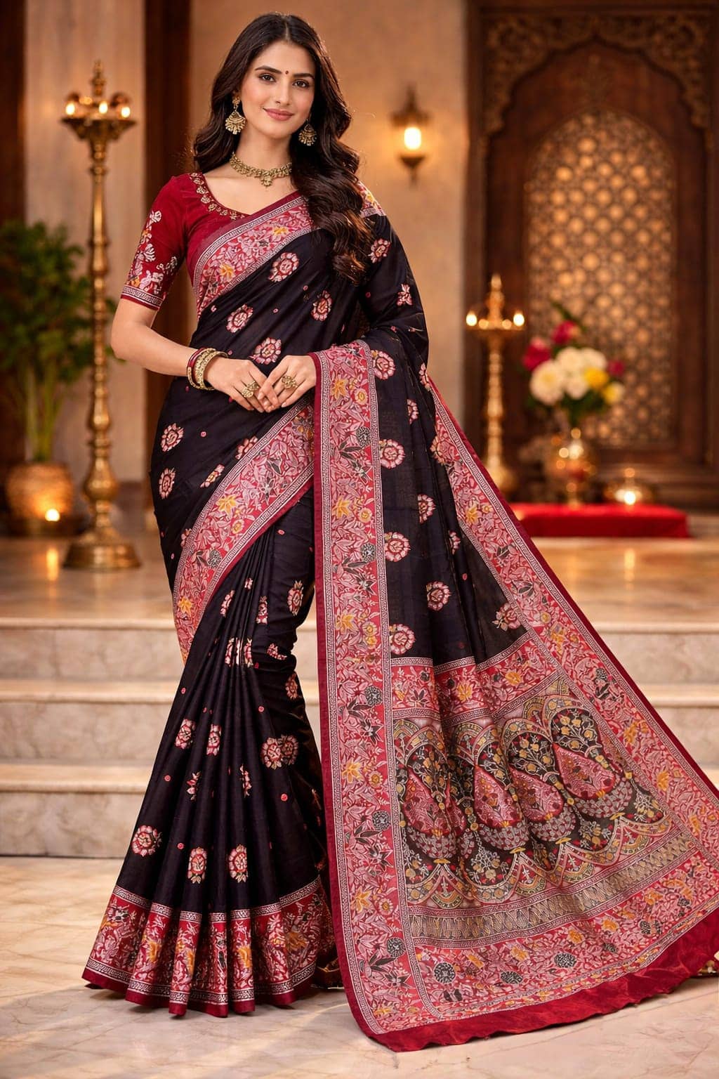 Indesa Satin Solid Banarasi saree With Unstitched Blouse Piece ( Red )