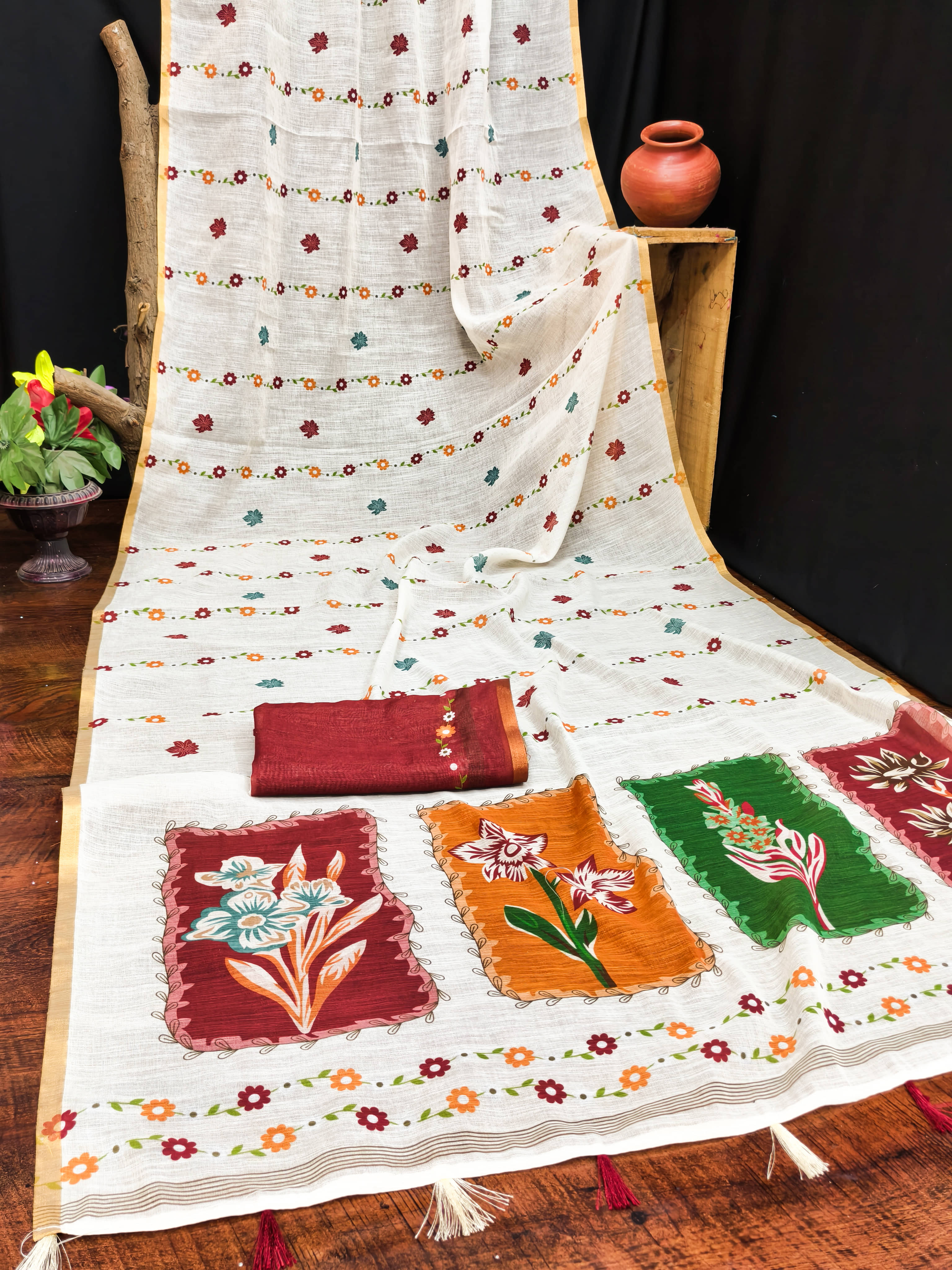 Kashvi Sarees Cotton Printed Kasavu Saree With Unstitched Blouse Piece ( Multicolor ) - Sarees | Buy online on ZillyBuy