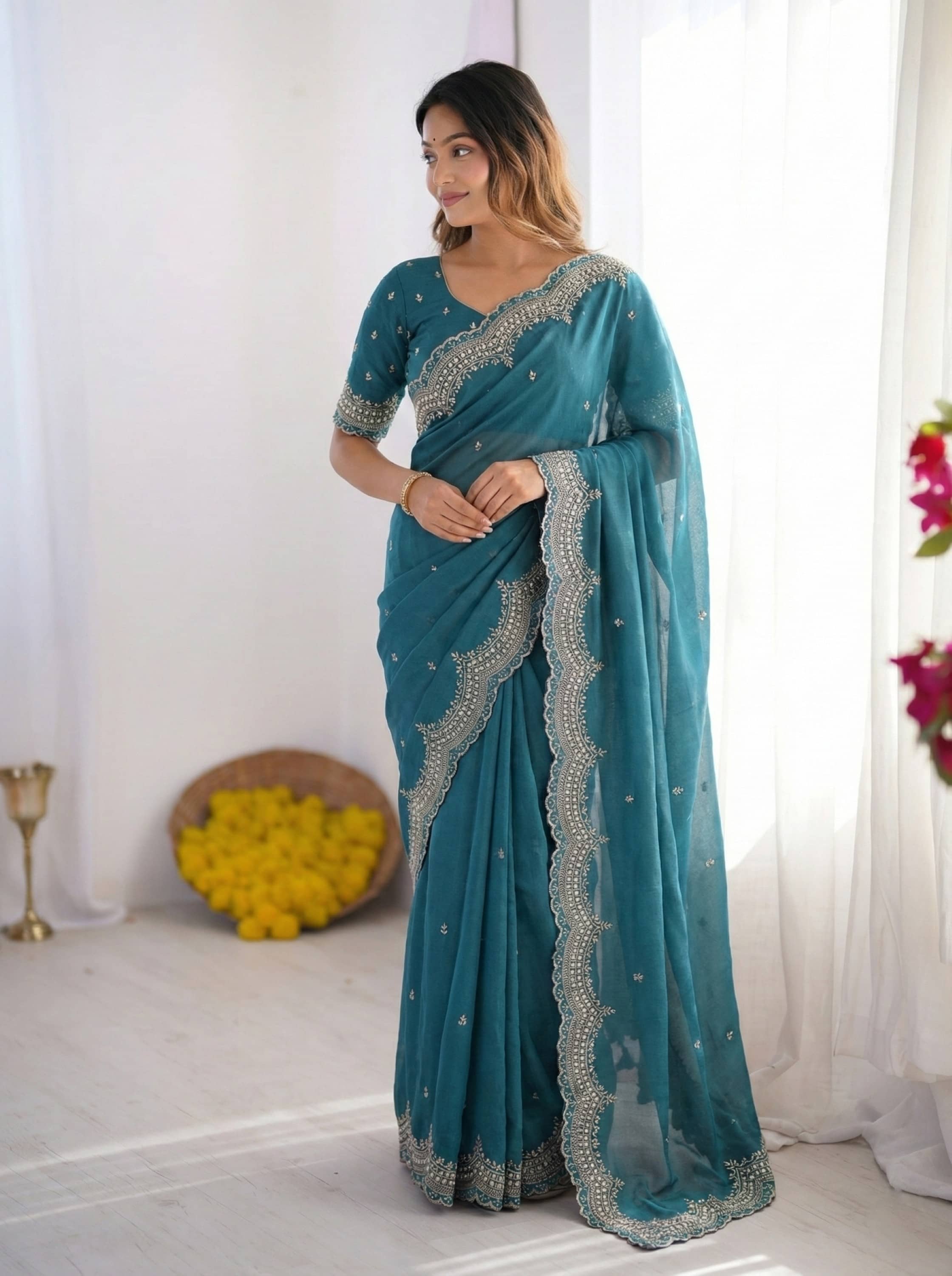 Sindharat Fashion Silk Blend Embroidered Regular Saree With Unstitched Blouse Piece ( Navy Blue ) - Sarees | Buy online on ZillyBuy