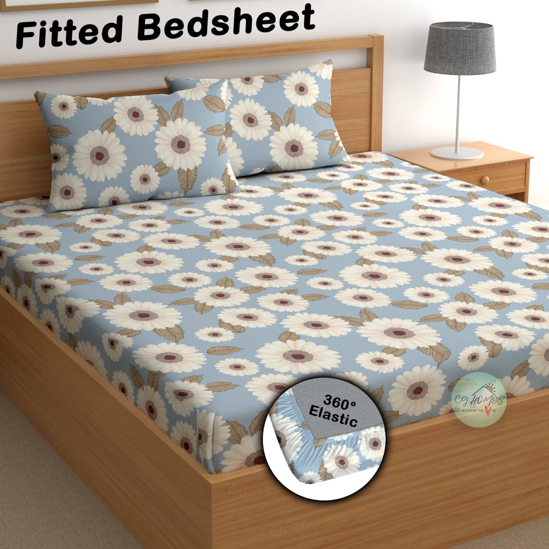 CG HOMES Microfibre 1 Double Fitted Bedsheet with 2 Pillow Covers ( 220 cm x 220 cm ) , Sky Blue