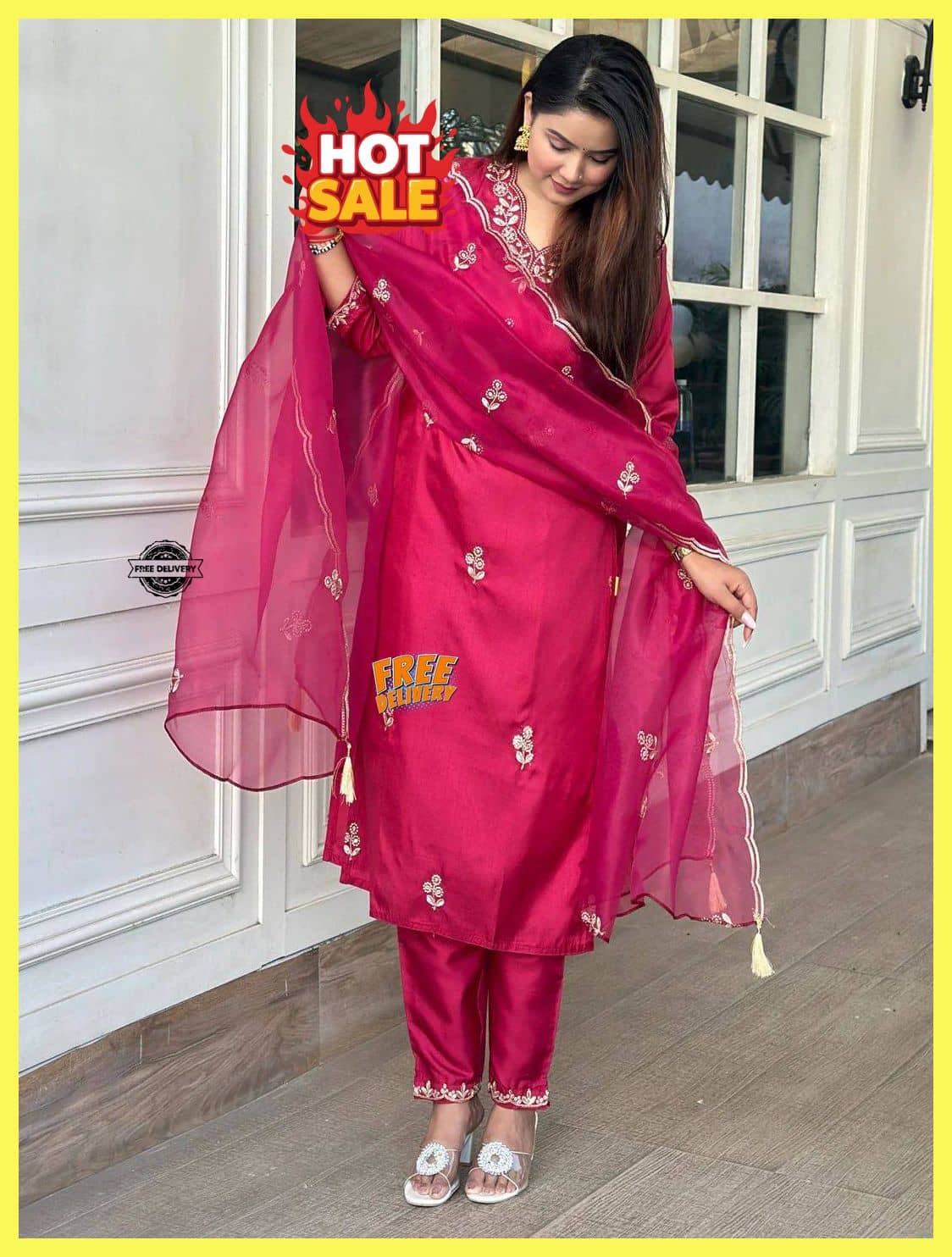GOPI SAREE Women Cotton Silk Embroidered Straight Kurti With Pants ( Pink )