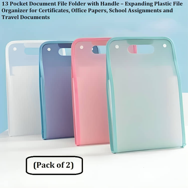 Multi Deal 13 Pocket Document File Folder with Handle – Expanding Plastic File Organizer for Certificates, Office Papers, School Assignments and Travel Documents - Pack of 2