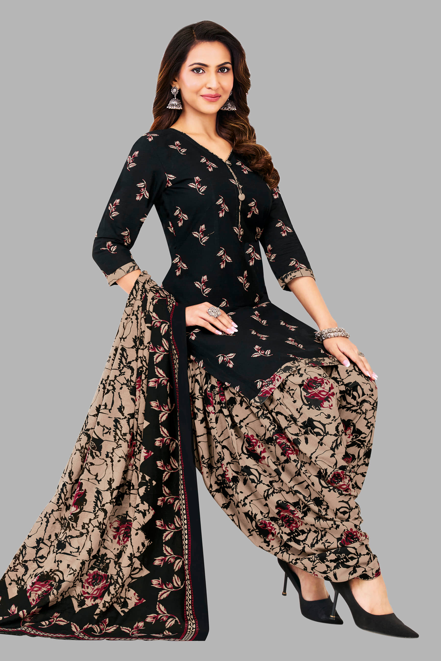 SIMMU Women Cotton Printed Straight Kurti With Patiala Salwar ( Black )