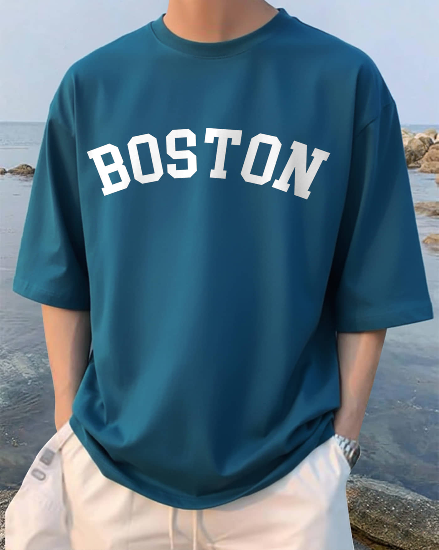 AUSK Men Cotton Blend Oversized Fit Printed T-Shirt ( Teal Blue )