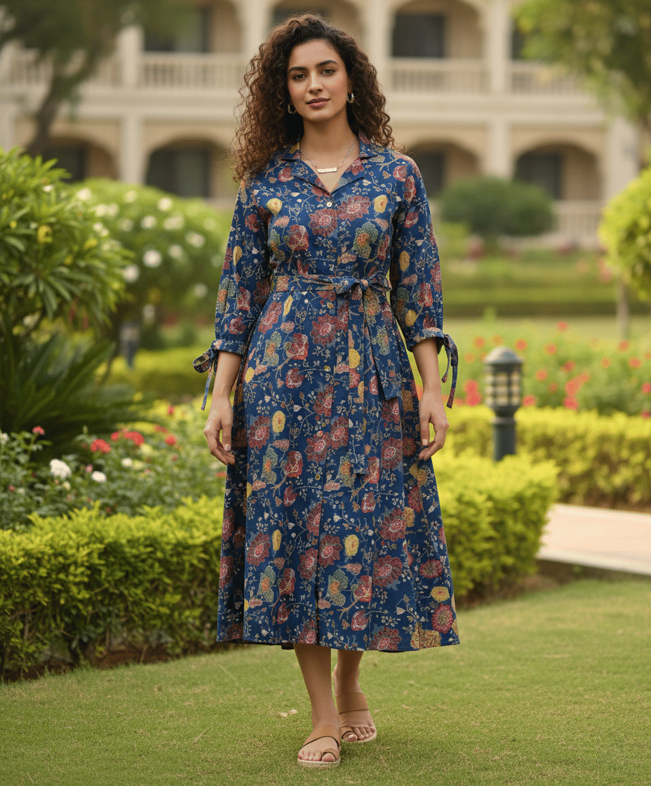 Wonder Weaves Women Cotton Printed Ethnic Dress ( Teal )