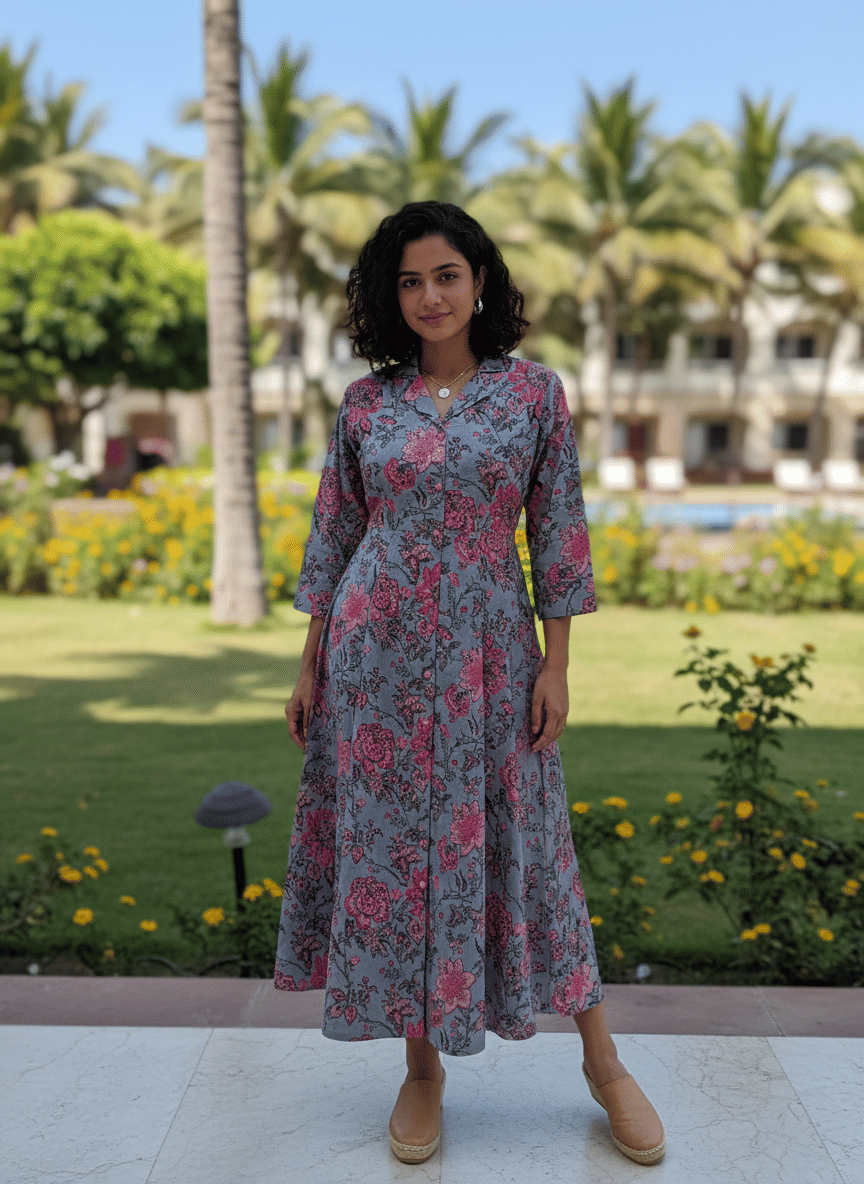 Wonder Weaves Women Cotton Printed Ethnic Dress ( Grey )