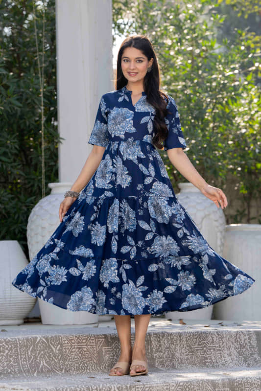 First Affair Women Viscose Rayon Printed Gown ( Navy Blue )