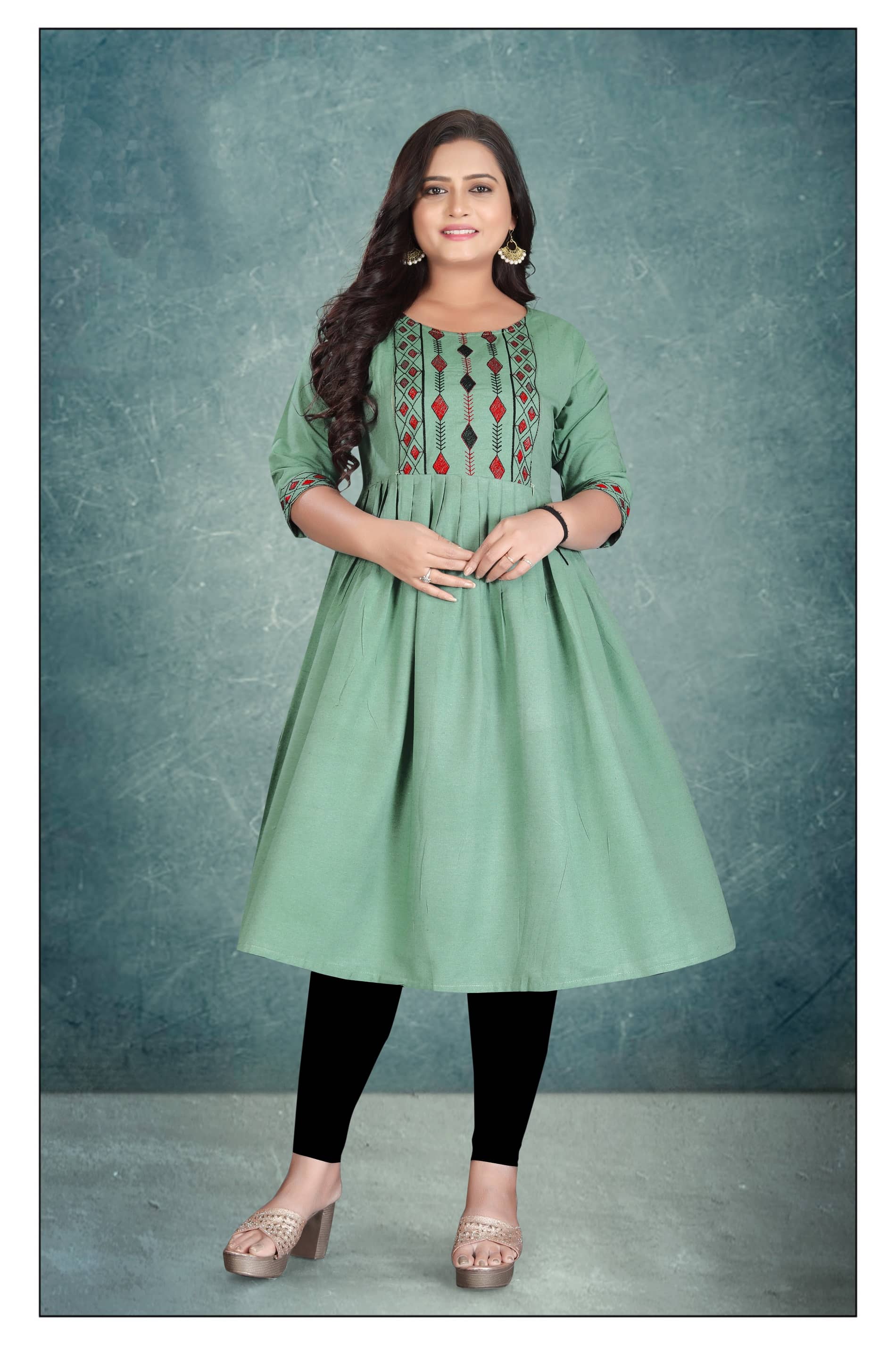 Hetsa Women Cotton Embroidered Anarkali Kurti ( Green ) - Kurtis, Tunics | Buy online on ZillyBuy