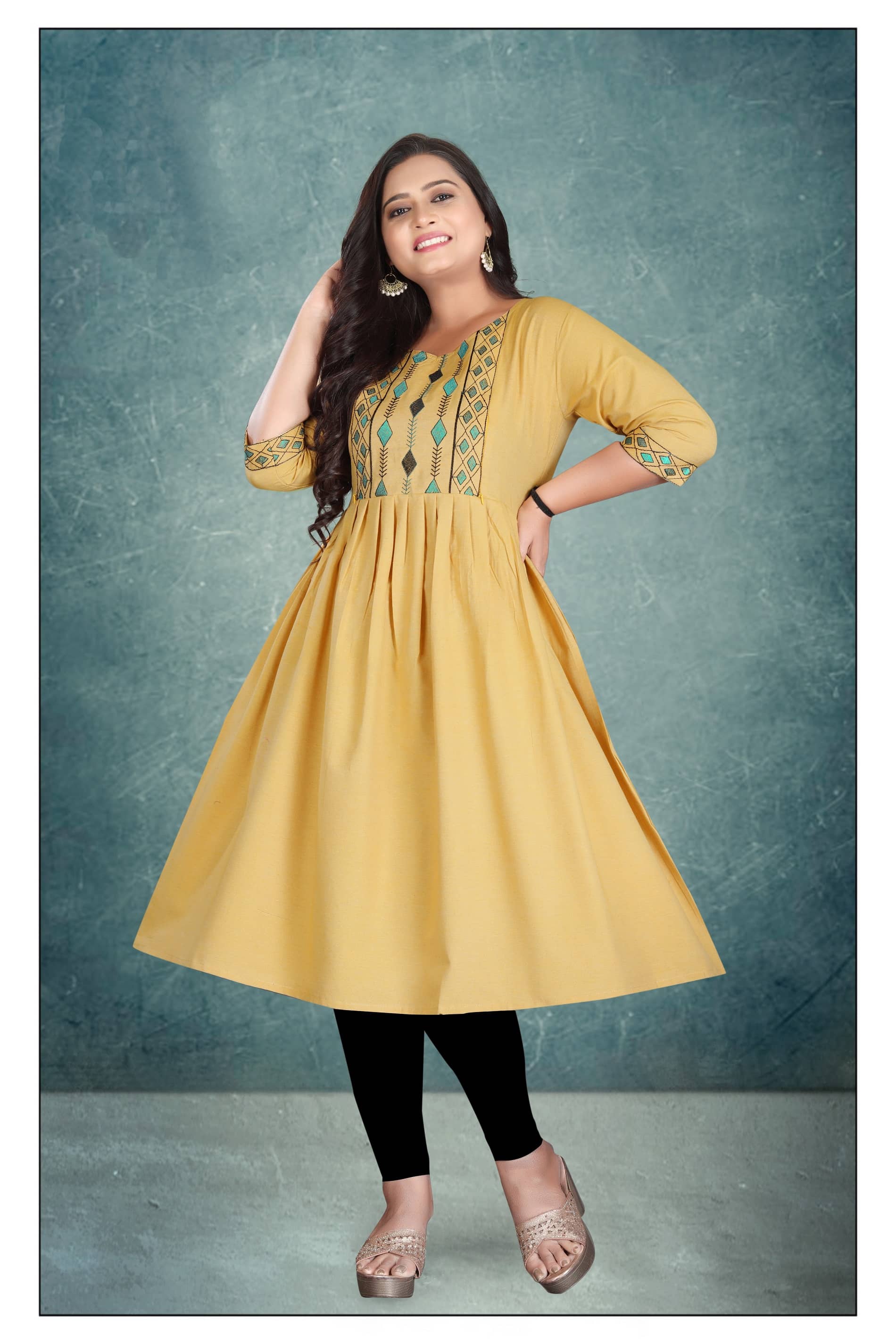 Hetsa Women Cotton Embroidered Anarkali Kurti ( Yellow ) - Kurtis, Tunics | Buy online on ZillyBuy