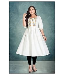 Hetsa Women Cotton Embroidered Anarkali Kurti ( Off White )